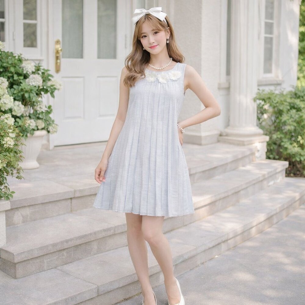 Alice + Olivia Pleated Mini Dress Floral Applique Taupe Grey Neutral XS